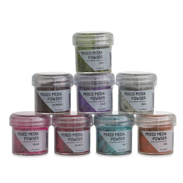 Ranger Mixed Media Powders - Seven colors of Media Powders stacked in pyramid
