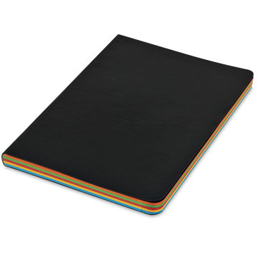 Shizen Faux Leather Journal - Angled view of closed Black Journal with multicolor sheets