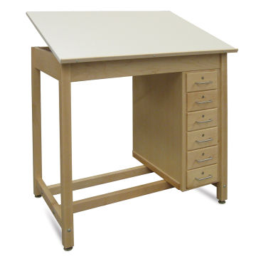 Hann Six-Drawer Wood Drawing Table - Angled view showing drawers and Drawing surface raised
