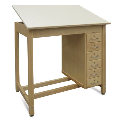 Hann Six-Drawer Wood Drawing Table - Angled view showing drawers and Drawing surface raised

