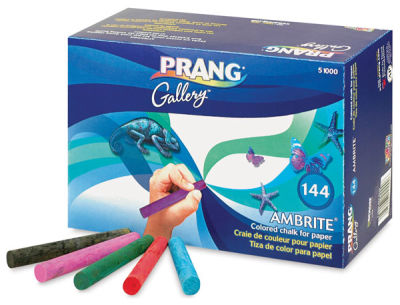 Prang Ambrite Paper Chalk - Angled view of package of 144 pcs with 5 chalk sticks loose in front
