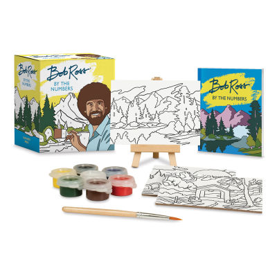 Bob Ross Paint by Numbers - Components of set shown in front of package
