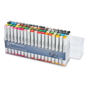 Copic Sketch Markers, Set of 72. Set C, clear package features grays and colors, four rows, lid off.