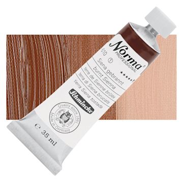 Open in modal - Schmincke Norma Professional Oil Paint - Burnt Sienna, 35 ml, Tube and swatch