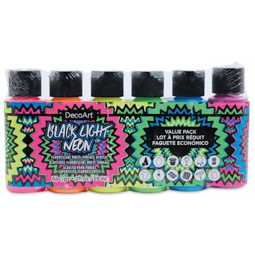 Open in modal - DecoArt Black Light Neon Acrylic Paint Set - Set of 6, 2 oz, front of packaging