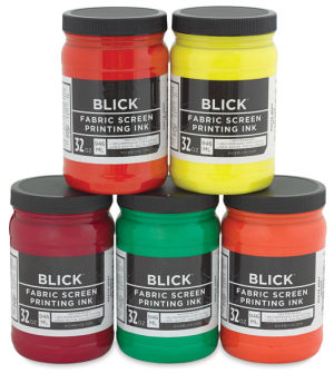 Blick Waterbased Acrylic Fabric Screen Printing Ink - Assorted Jars shown stacked
