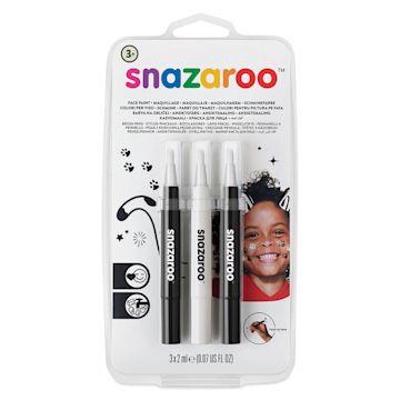 Open in modal - Snazaroo Face Paint Brush Pen Set - Front of blister package of 3 Monochrome Colors