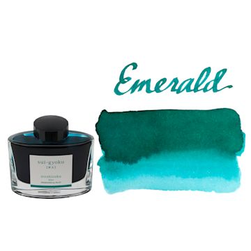 Open in modal - Pilot Iroshizuku Fountain Pen Ink - Emerald (Sui-gyoku), swatch and bottle
