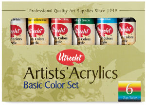 Utrecht Artists' Acrylic Paint - Basic Set of 6. Front of package.