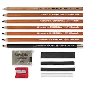 Open in modal - General's Charcoal Pencil Drawing Kit No. 15, contents laid out