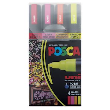 Open in modal - Posca Paint Markers - Set of 4, Neon Colors, Medium Bullet Tip, front of the packaging