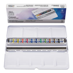 Winsor & Newton Cotman Watercolor Set - Customizable Travel Tin, Set of 12, Assorted Colors, Half Pans (Front of packaging shown with open set)