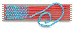 Wide-Notch Cardboard Looms - Red and Blue yarn partially woven on cardboard loom