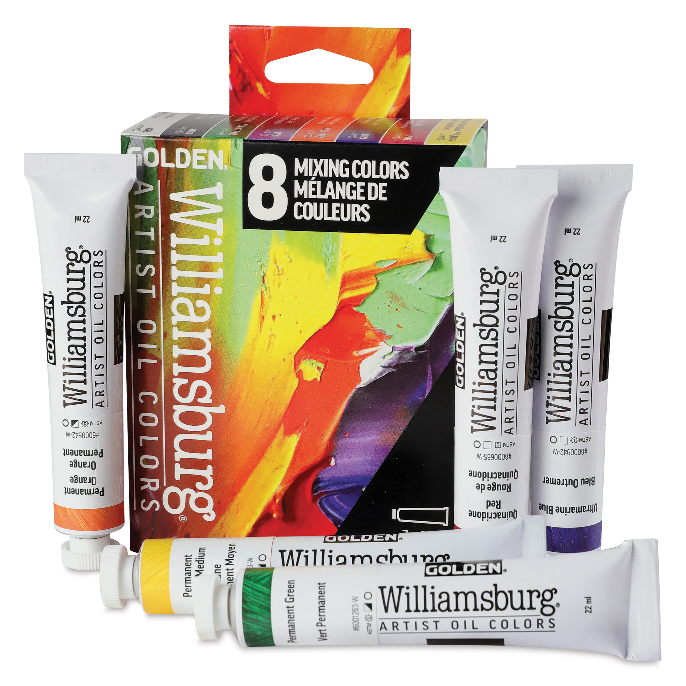 Williamsburg Handmade Oil Paints - Set of 8, Mixing, 22 ml Tubes, contents and packaging
