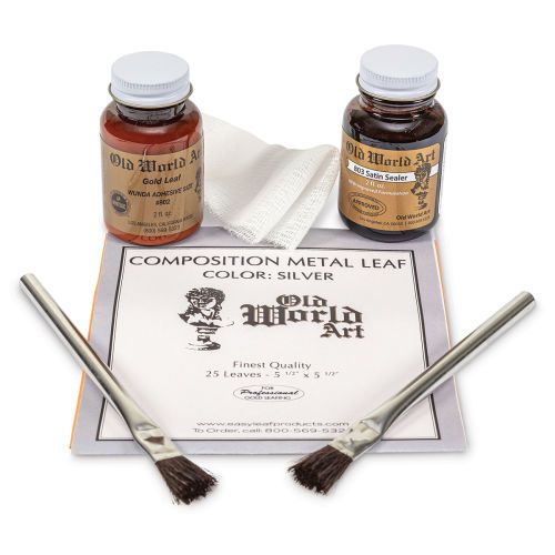 Gold Leaf Kit Genuine Gold Leaf 5 Sheets Adhesive & Brushes Wax Paper.  Gilding Kit. - GOLD & SILVER LEAF