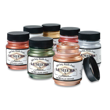 Jacquard Lumiere Acrylic Paints and Sets - Assorted 2.5oz jars shown with one lid removed