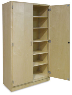 Hann Hardwood Storage Cabinet - Large Storage cabinet angled with one door open and 5 shelves