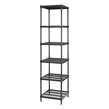 Open in modal - Design Ideas MeshWorks Shelving Units - Slightly angled view of narrow 6 shelf black unit 