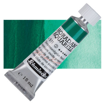 Open in modal - Schmincke Horadam Aquarell Artist Watercolor - Chromium Oxide Green Brilliant, 15 ml tube and swatch