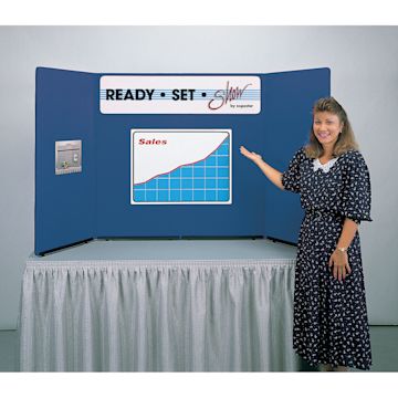 Open in modal - Expostar Ready Set Show Tabletop Display - Blue, Woman Standing Next To Display