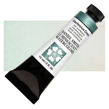 Open in modal - Daniel Smith Luminescent Watercolor - Interference Green, 15 ml, Tube and swatch