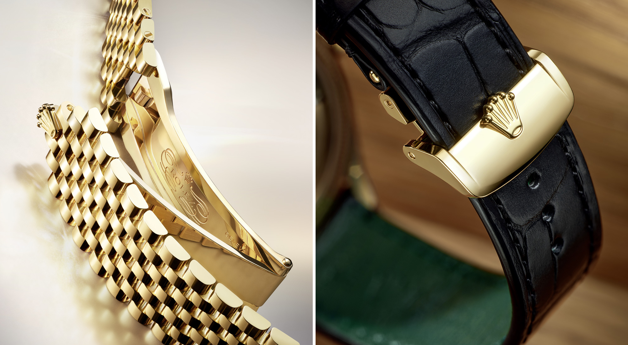 A luxurious wristwatch showcasing an intricately detailed back view. The inner mechanics are visible through a transparent case, revealing gold and silver components. The watch has a gold casing and a black leather strap with a green lining.