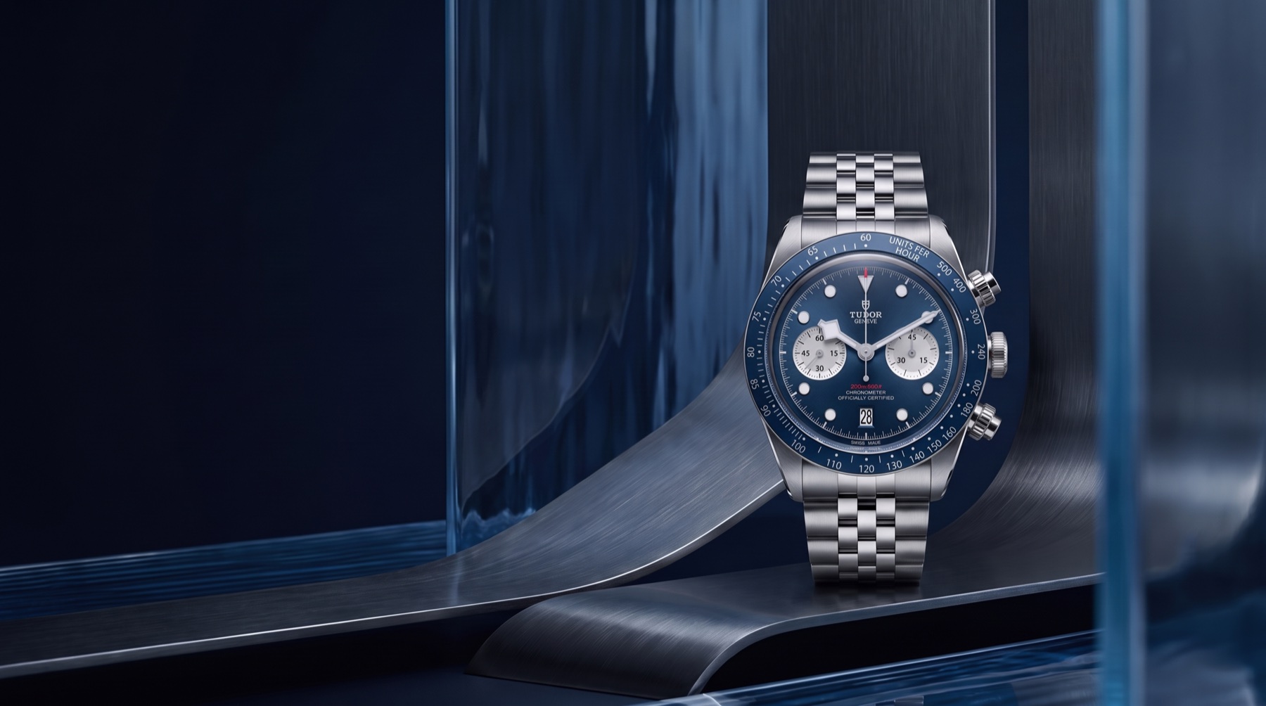 TUDOR Black Bay Chrono Blue in a sculptural midnight-blue setting