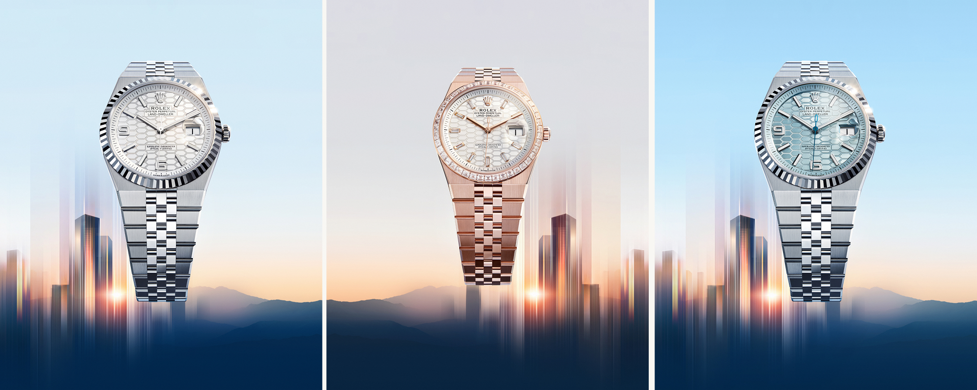 A luxury wristwatch with a rose gold metal band, viewed in profile against a gradient background transitioning from blue at the top to white at the bottom. The watch features a round green face with a date window. The band is partially unfastened.