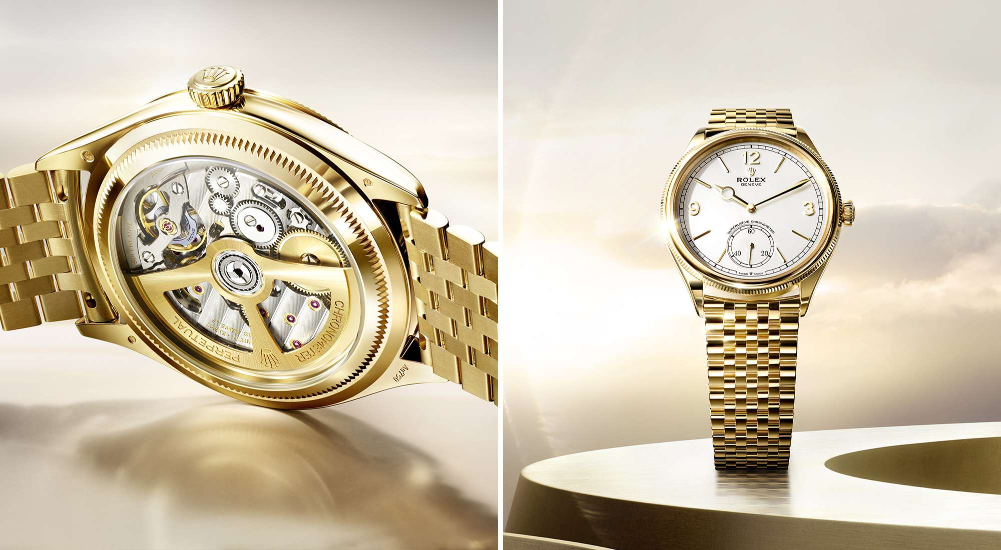 A split image showing a Rolex wristwatch. The left side displays the watch standing upright on a wooden surface, featuring a white face, gold numbering, and a brown leather strap. The right side is a close-up of the watch face, highlighting the details and gold accents.