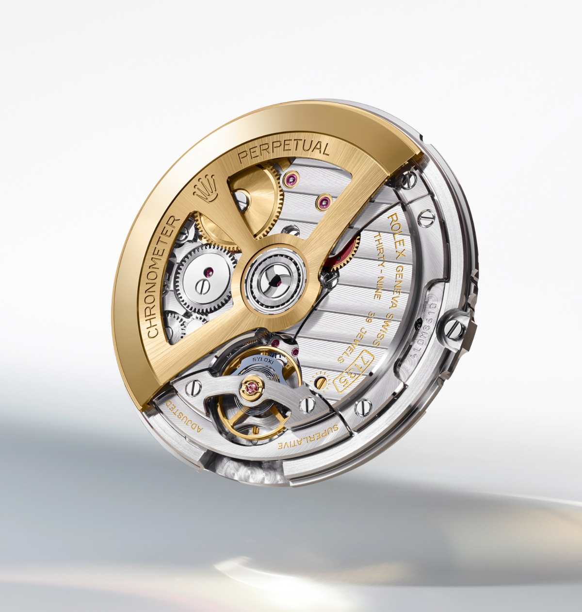 A close-up of a mechanical watch movement, showcasing intricate gears and components. The text on the movement includes "CHRONOMETER," "PERPETUAL," "GENEVA SWISS," and "3235," with a gold emblem resembling a crown. The components are metallic with some gold accents.
