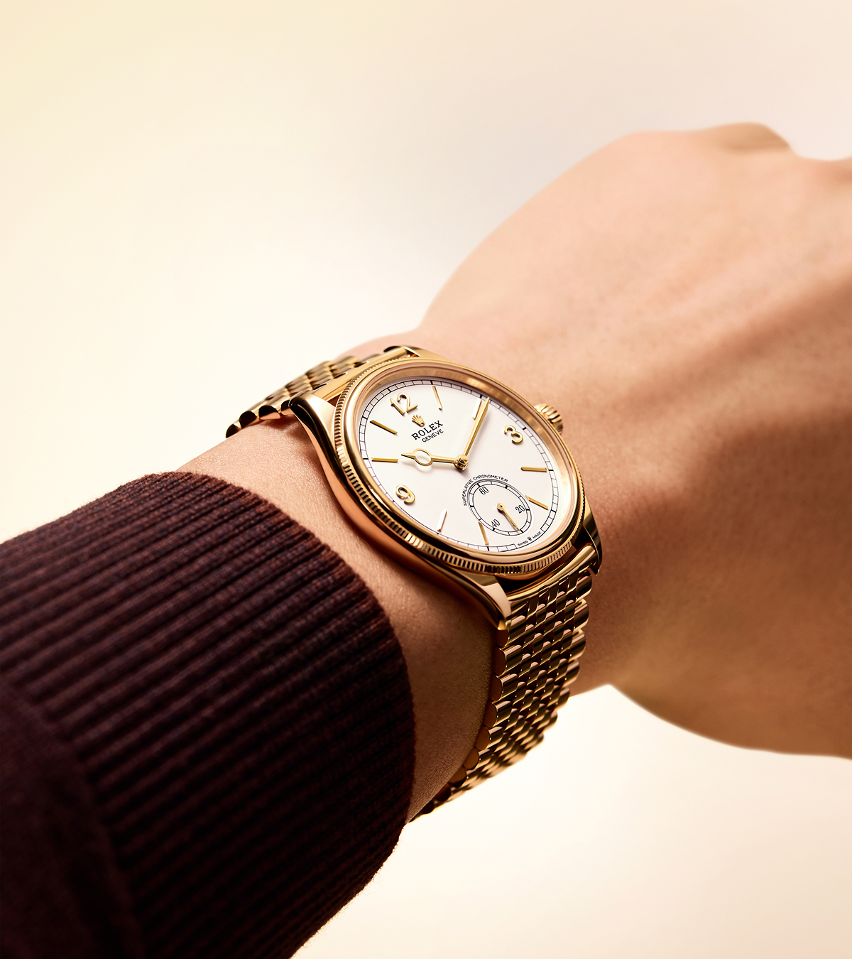 A luxurious wristwatch with a brown leather strap and visible internal mechanisms on a silver face, displayed in a floating position against a gradient blue background. The watch features intricate gear details and a sleek, elegant design.