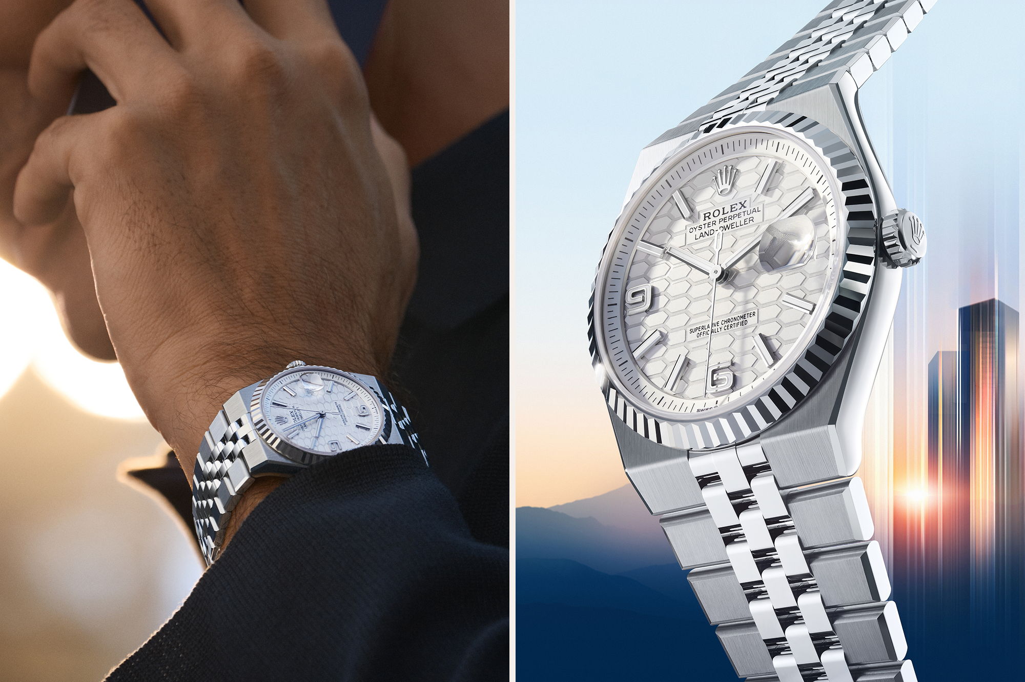 A side-by-side comparison of two Rolex watches. The left watch features a black dial with rose gold Roman numerals and a matching rose gold band. The right watch has a white dial with gold markers, a day display at the top, and a gold band.