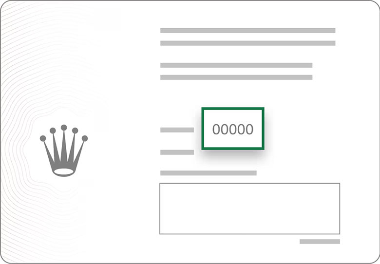Rolex guarantee card showing where the 5-digit reference number appears