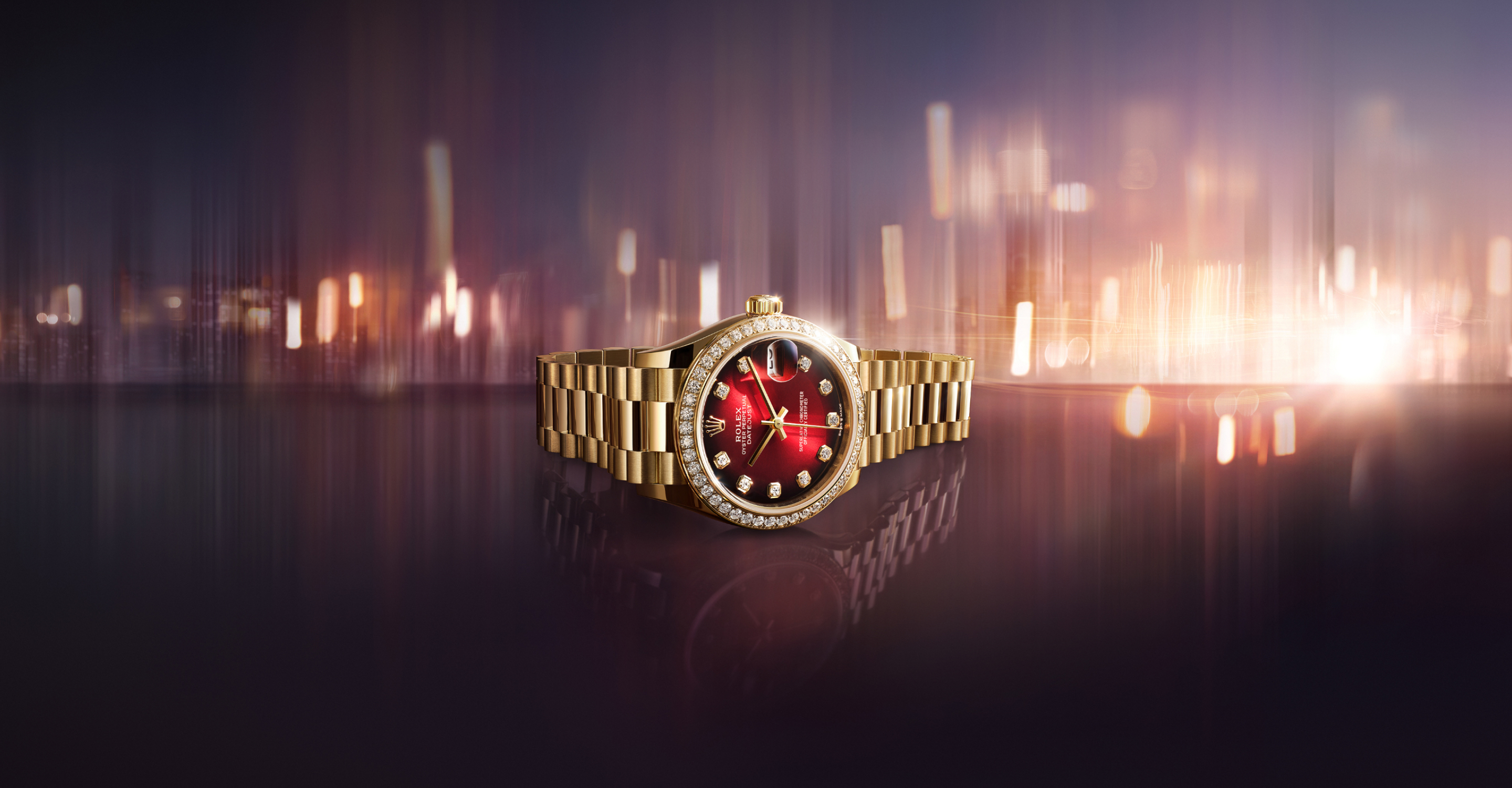 A gold luxury watch split across two images: on the left, a close-up of the watch face showing a date window and detailed markings; on the right, a side view highlighting the watch's gold casing and bracelet. The crown logo is visible on the side and the dial.