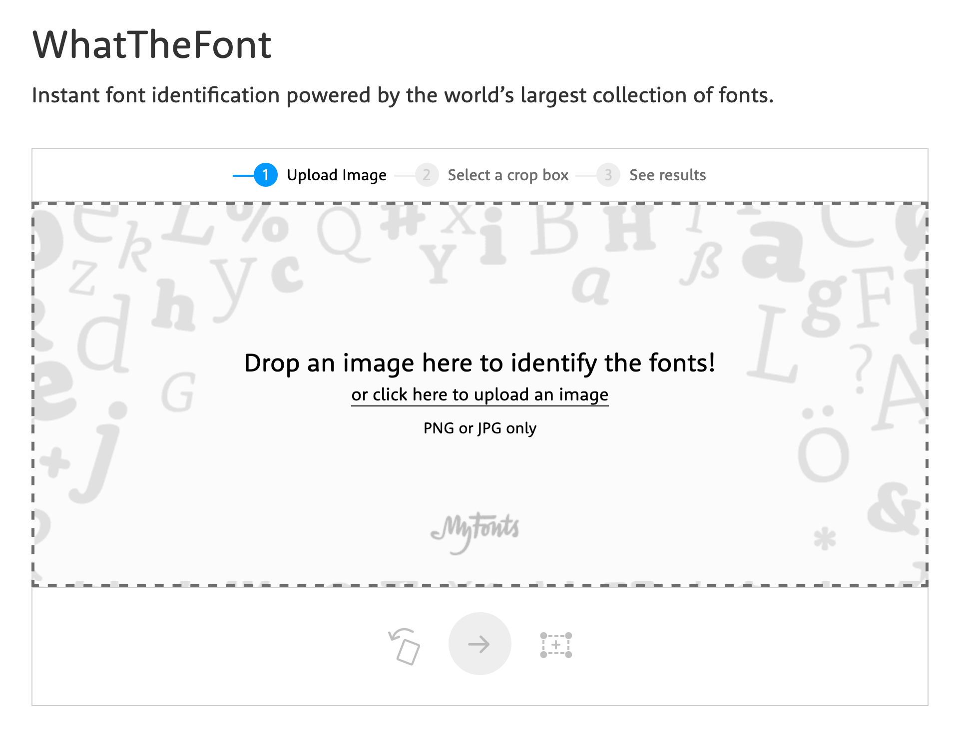 WhatTheFont interface. Upload an image and learn what fonts it includes.