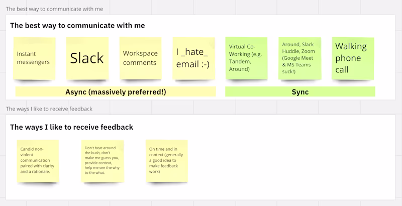 Miro board explaining the best ways to communicate and receive feedback.