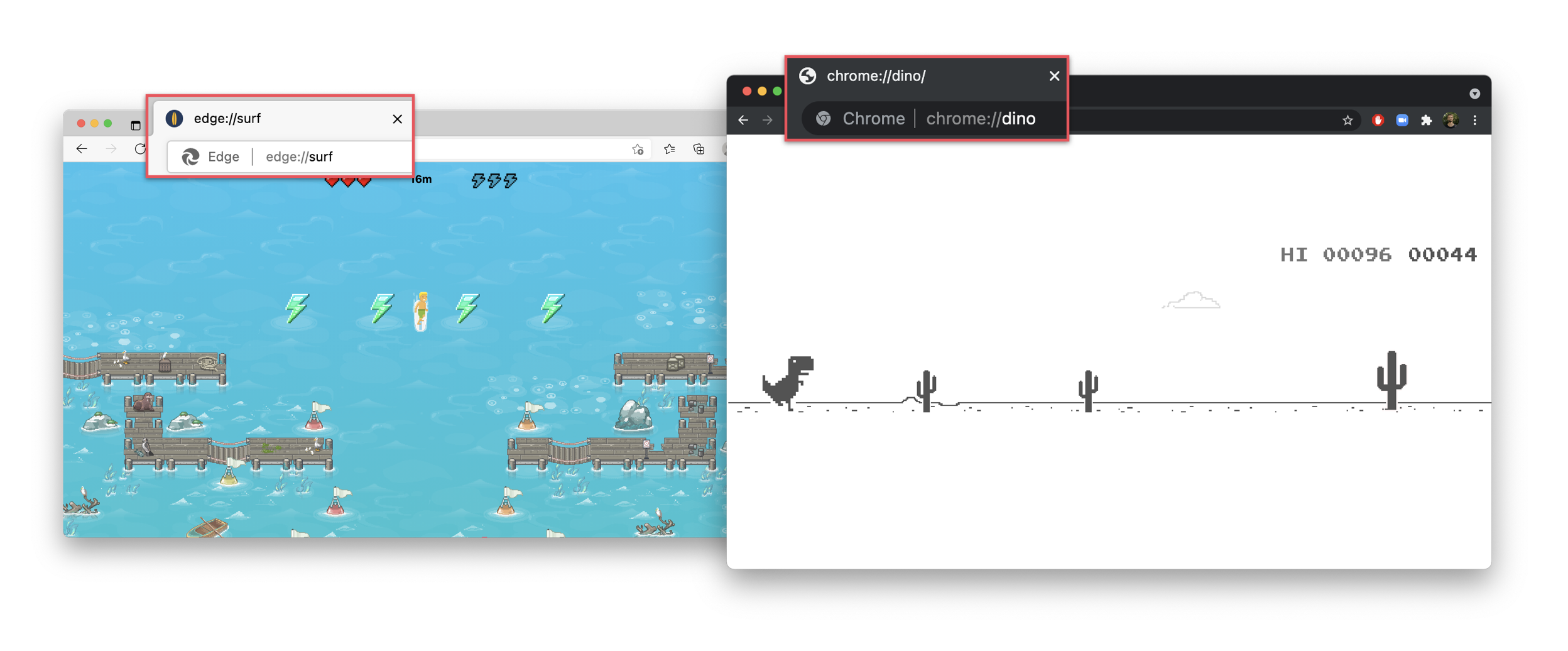 edge:surf and chrome:dino screenshots