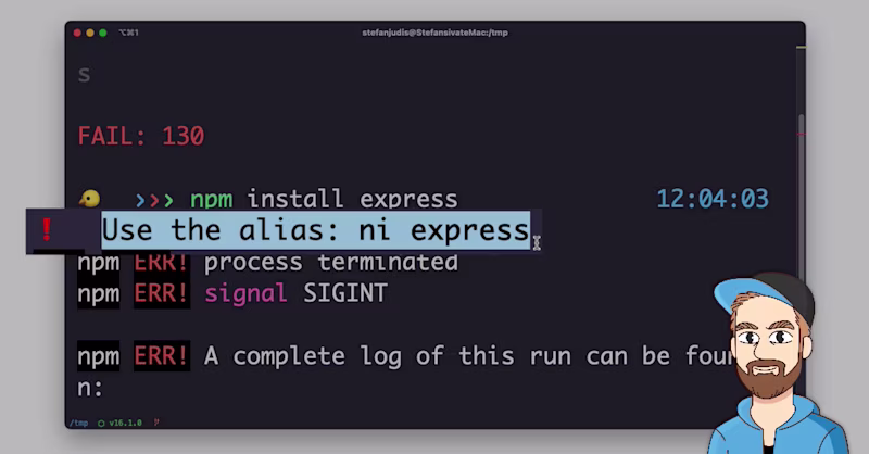Terminal session in which the aliases-tips ZSH plugin prints that there is a defined alias to run a particular command.