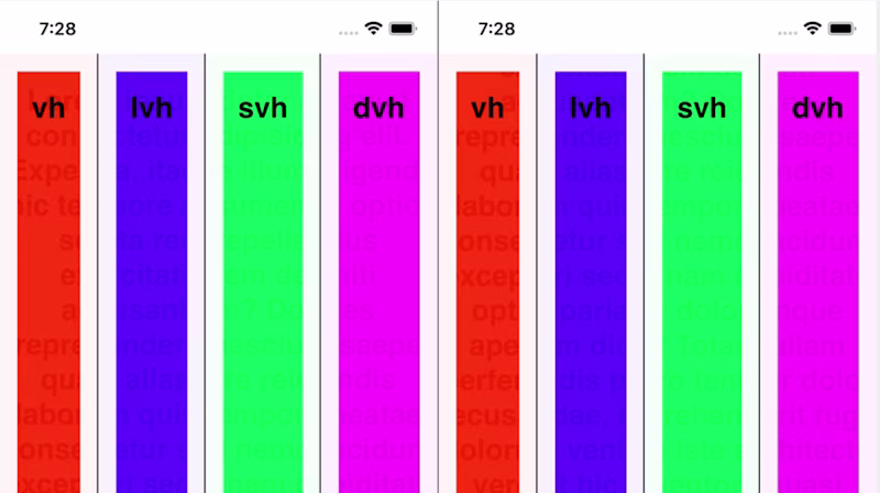 Boxes showing the viewport units vh, lvh, svh and dvh.