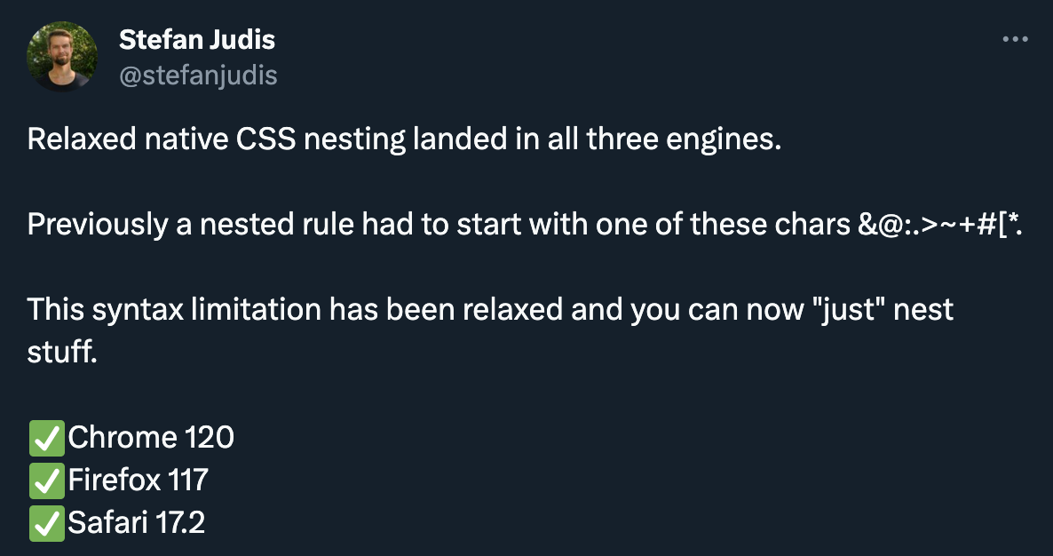 Stefan's Tweet announcing that relaxed CSS nesting landed in browsers.