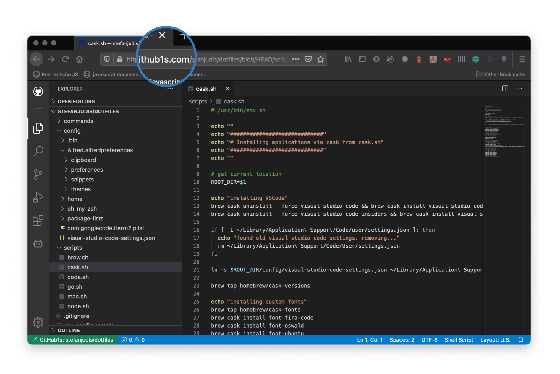 Code github. Git`s aditor. Revome footer Blue menu in vs code.