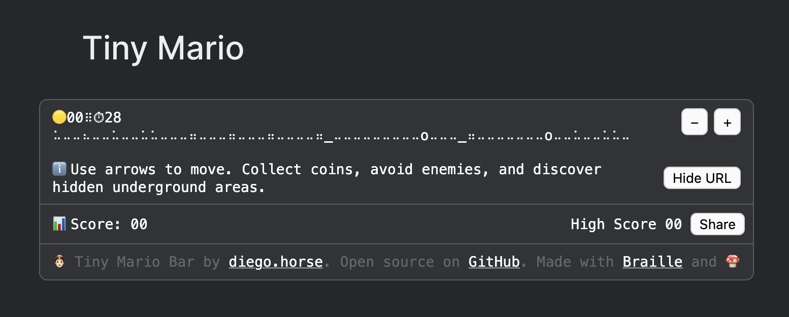 "Tiny Mario" next to a URL bar which includes dots and blocks representing a Super Mario Bros game.