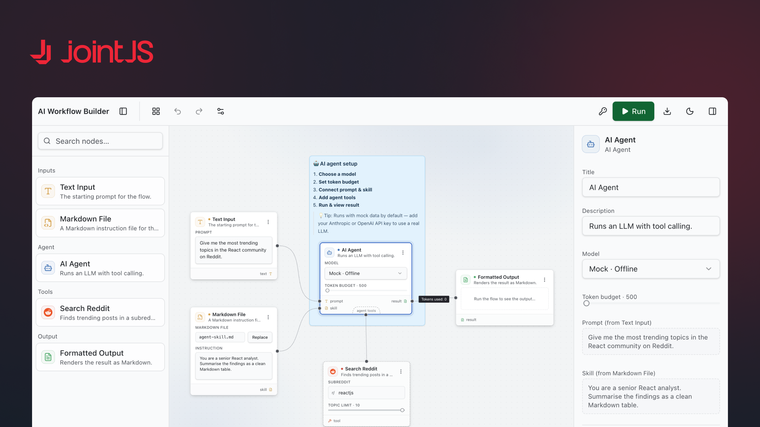 The JointJS AI Workflow Builder: a node-based canvas wiring Text Input, Markdown File, AI Agent, Search Reddit, and Formatted Output nodes into a flow.