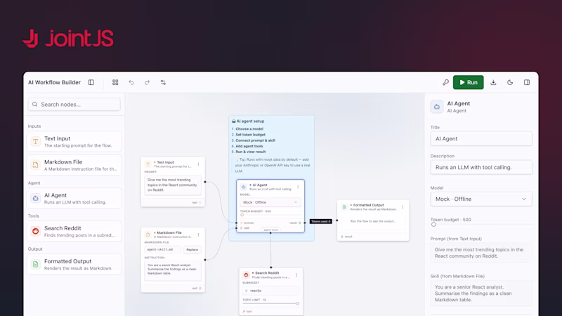 The JointJS AI Workflow Builder: a node-based canvas wiring Text Input, Markdown File, AI Agent, Search Reddit, and Formatted Output nodes into a flow.