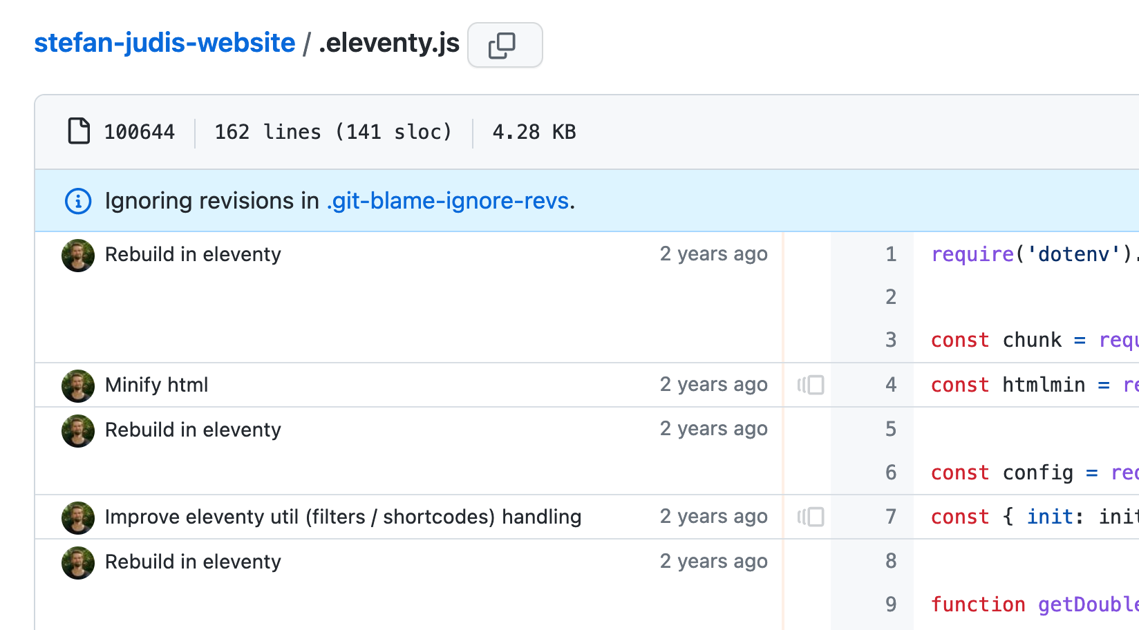 GitHub blame interface telling that it's ignoring revisions due to a .git-blame-ignore-revs file.