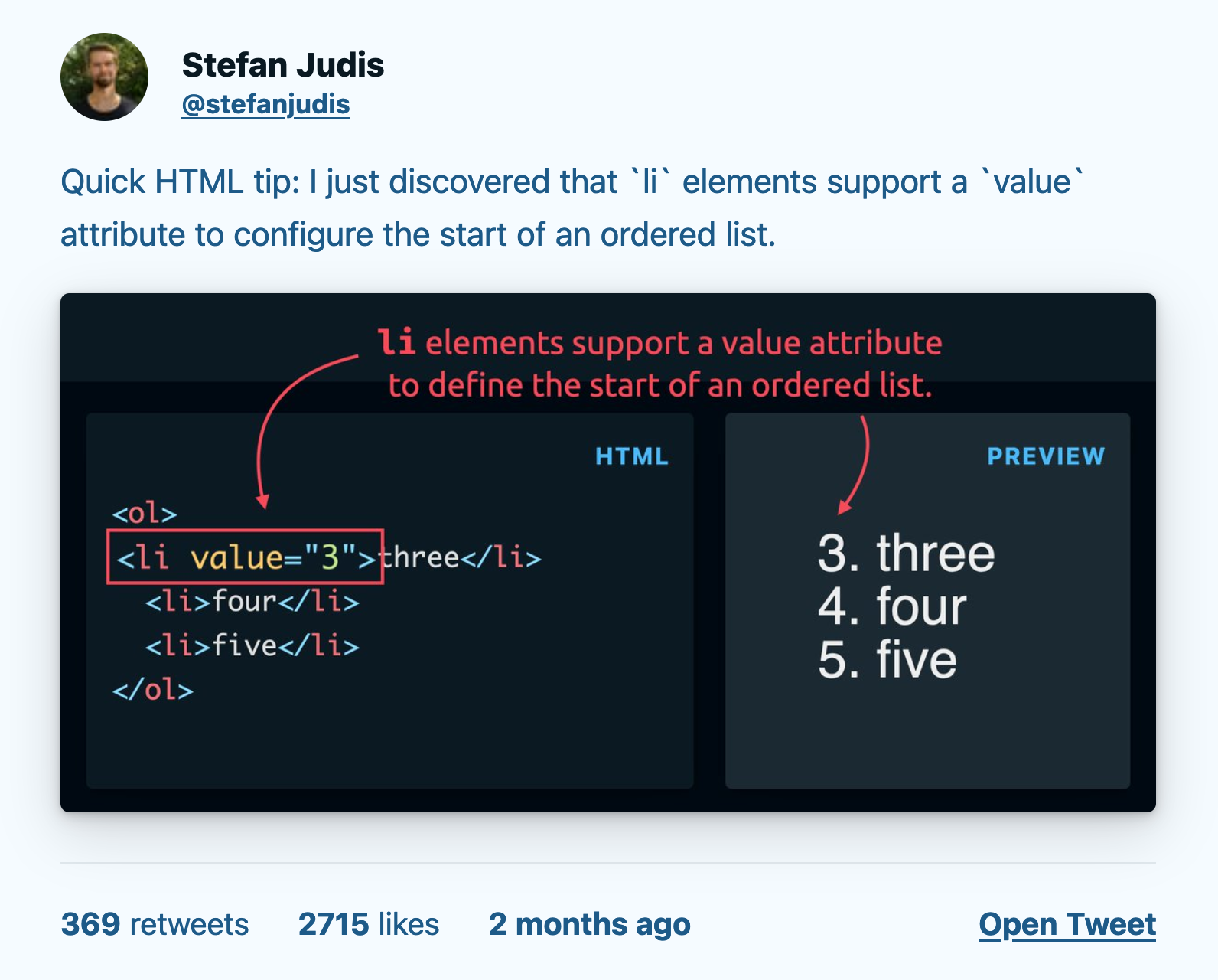 Tweet sharing the `value` attribute on HTML list items