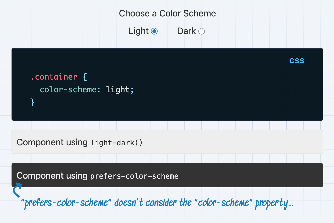 Interactive widget showing two controls to choose a color scheme and the rendered result below.