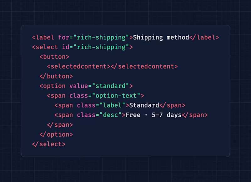 HTML snippet showing a select that include "selectedcontent" and more HTML in the "options" element.