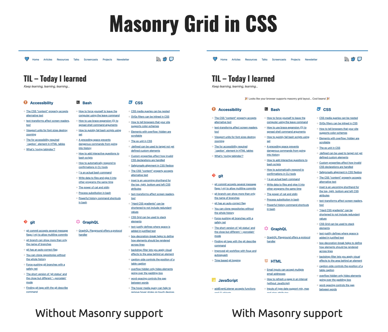 Comparison of the today i learned section on stefanjudis.com with and without masonry support