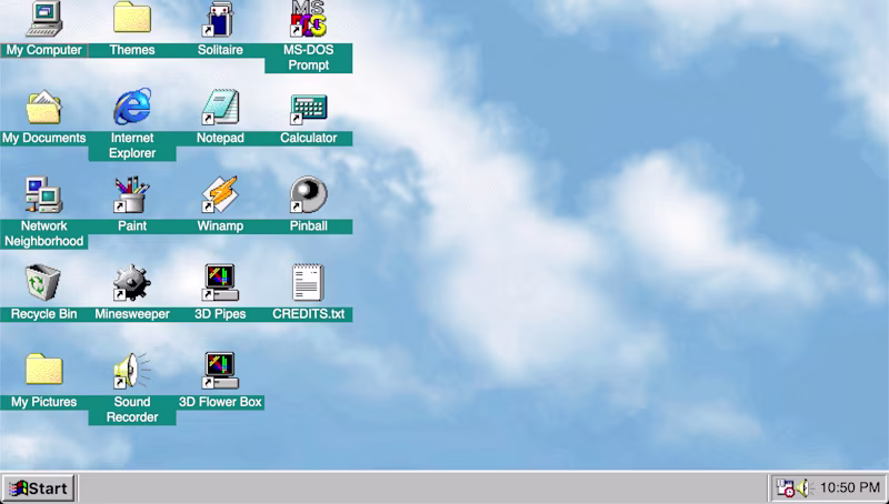 Windows 98 screen including "my computer", "internet explorer", "minesweeper" and "pinball".
